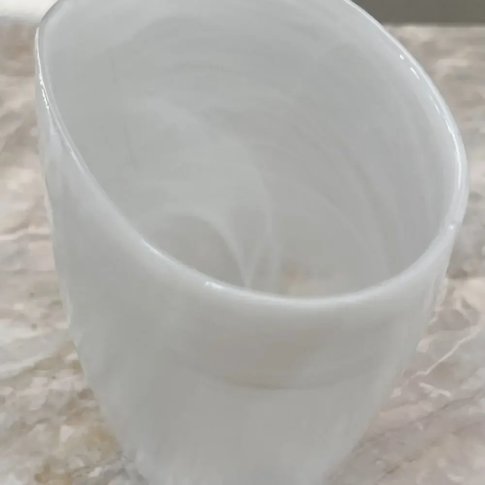 White Opulent Swirls Glass Art Oval Round Vase 7.25